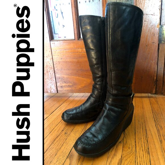 Hush Puppies Black leather boot high wedge heel brass buckle & ankle strap 8.5 - Picture 2 of 10